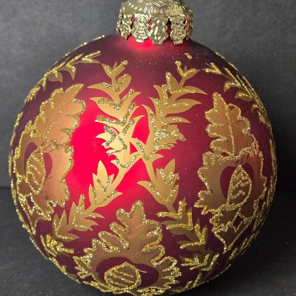 Frontgate Red Gold Glass Christmas Ornament 4" Baroque Leaf Scroll Holiday Decor - Picture 3 of 7